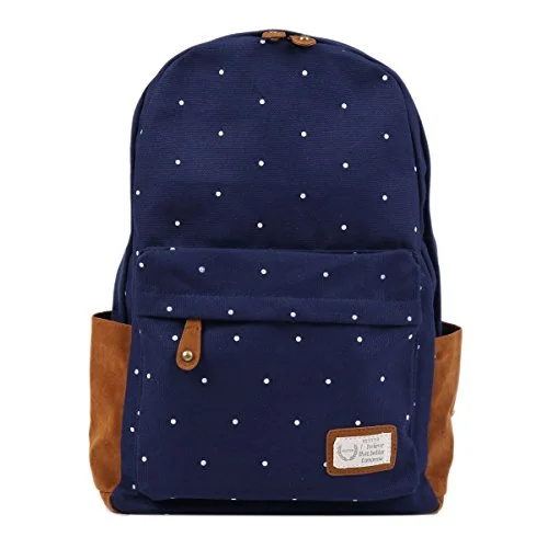 Damara Dots Canvas Fabric School Bags Backpack Rucksack,Navy Blue