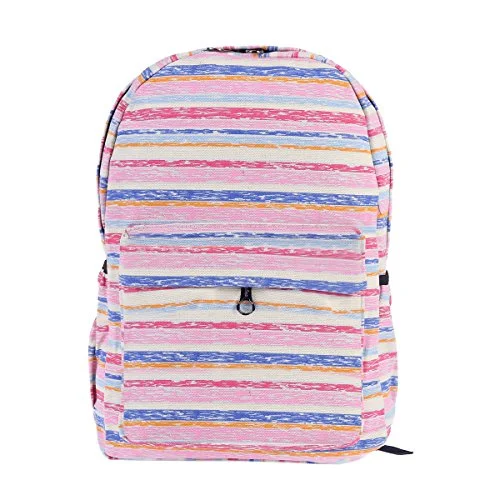 Damara Womens Colorful Stripes Patterned Canvas Backpack,Pink