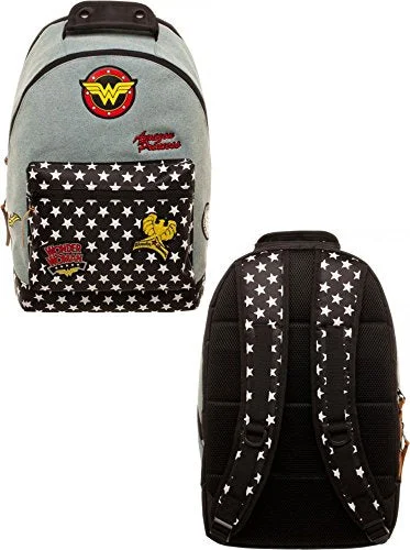 Backpack with waterproof cover-Dc Comics Wonder Woman Denim Backpack W/ Patches