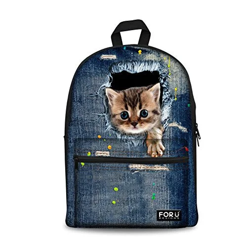 Doginthehole 3D Funny Denim Printing Cats School Canvas Backpacks For Girls