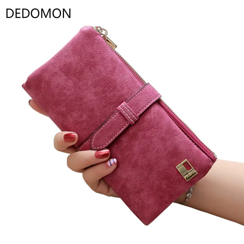 2018 Solid Drawstring Nubuck Leather Zipper Long Women Wallet Phone Bag Luxury Brand Wallets