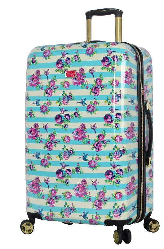 Betsey Johnson 26 Inch Checked Luggage Collection - Expandable Scratch Resistant (ABS + PC) Hardside Suitcase - Designer Lightweight Bag with 8-Rolling Spinner Wheels (Stripe Floral Hummingbird)