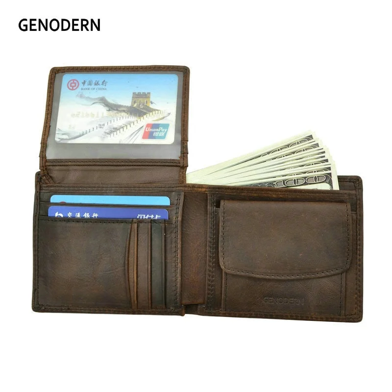 Genodern Cow Leather Men Wallets With Coin Pocket Vintage Male Purse Function Brown Genuine Leather