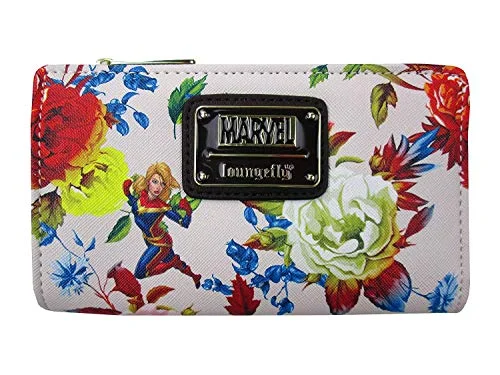 Loungefly x Captain Marvel Faux-Leather Floral Bifold Wallet (Multicolored, One Size)