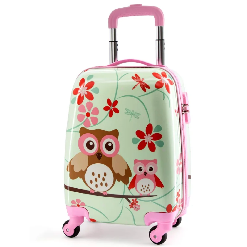 Lttxin cute kids suitcase pull along girls travelling with 4 wheel hard shell 18 inch for girl owl