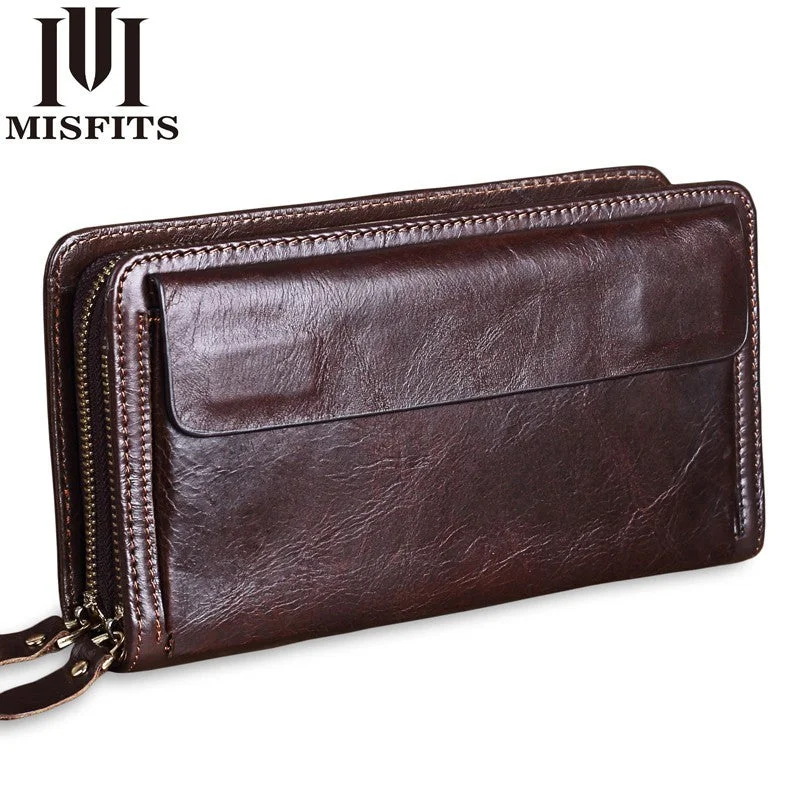 Misfits Cowhide Men Clutch Wallets Genuine Leather Long Purses Business Large Capacity Wallet