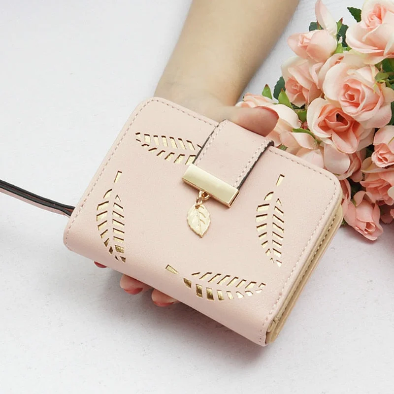 New Women Wallets Short Wallet Ladies Zipper Buckle Hollow Leaf Purse Wallet Female Women Zipper